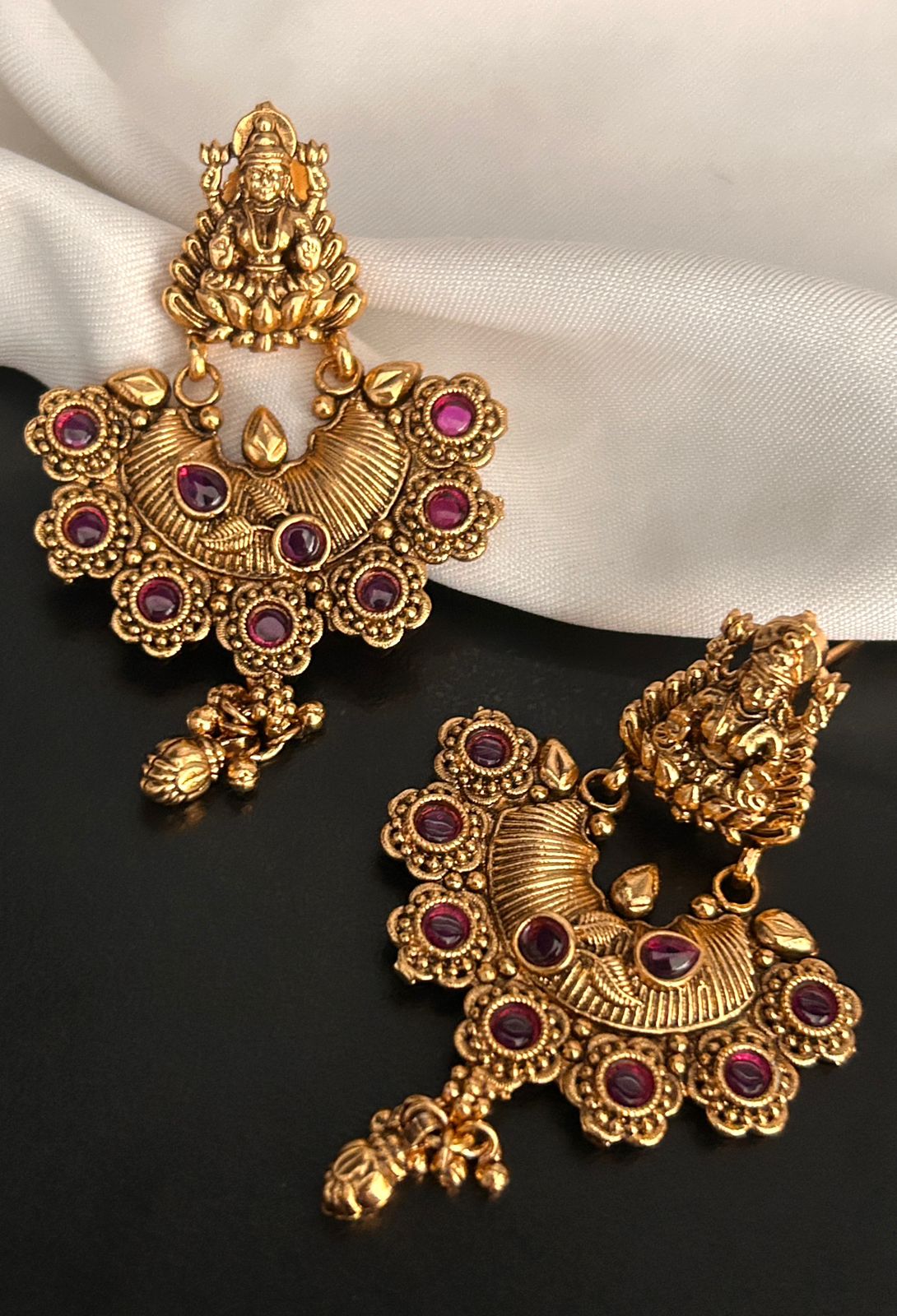 Antique Goddess Lakshmi Temple Earrings with Ruby Stones